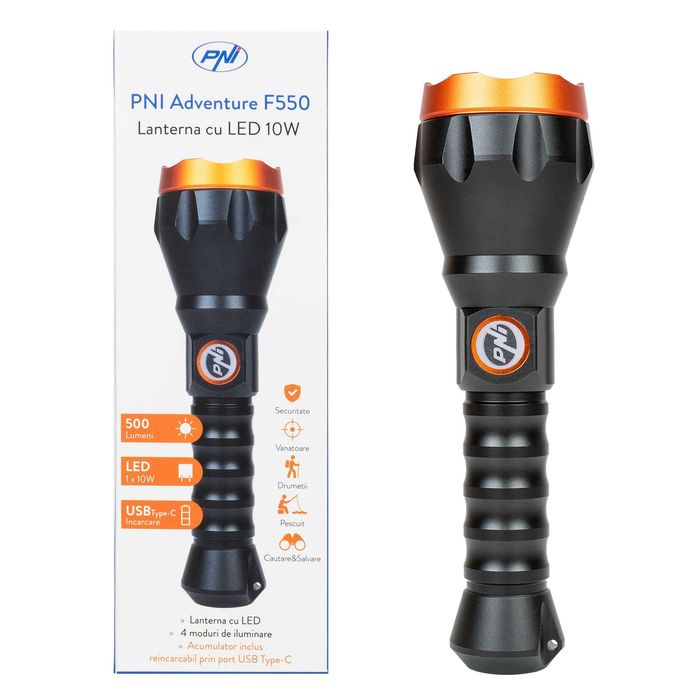 Latarka LED PNI Adv F550, 10W aluminium 500lm, do 700m  IPX6 4000mAh
