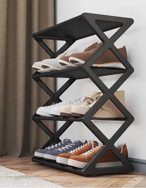 Розбірна полиця для взуття 4 рівні, чорна, компактна 42×18,5×49,5 см