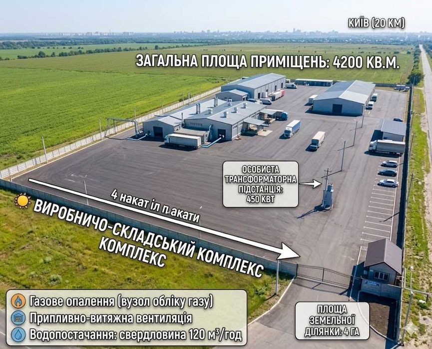 Продається чудовий виробничо-складський комплекс за 20 км від Києва