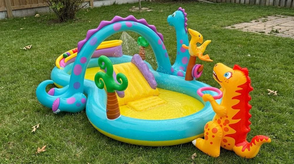 Dmuchany plac zabaw basen dla dzieci zjeżdżalnia fontanna Dinozaury