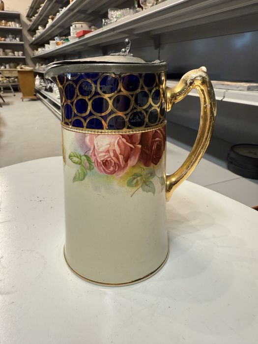 Antyk dzbanek z przykrywką kwiaty stary wzór złoty malowany róże 1430