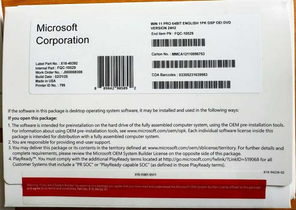 Windows 11 Pro ключ наклейки конверт DVD OEM UA FQC-10557 EngFQC-10529
