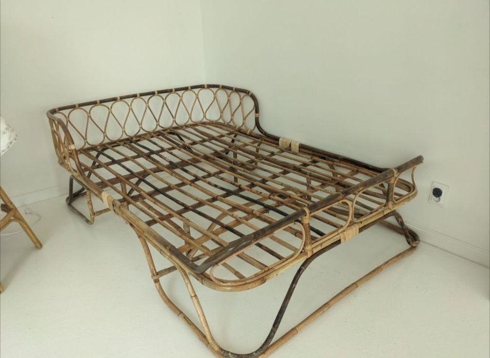 Komplet plecionych Boho rattanowych mebli ławeczka łóżko