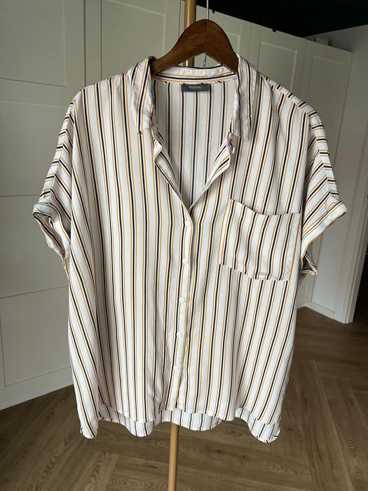 Biała koszula w żółto granatowe paski z wiskozy rozmiar 48 marki C&A