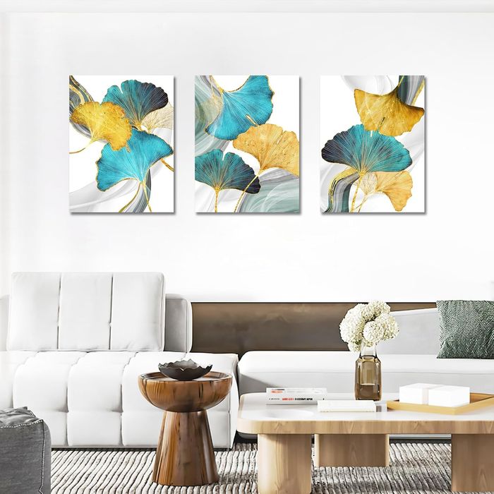 Obraz Ścienny Złote Liście Drewniana Rama 50x70 cm Zestaw 3 Sztuki