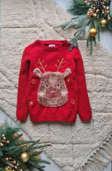 Новогодний свитер 5-6 лет , новорічна кофта, свитер с оленем,дед мороз