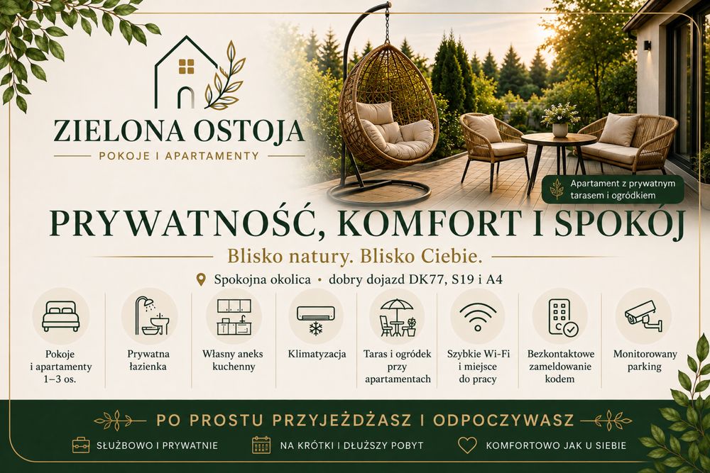 Pokoje 2 i 3 os. z łazienką, aneksem i klimatyzacją - Zielona Ostoja