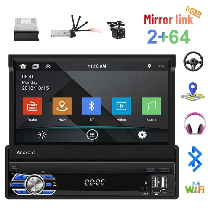 Rádio android 13 2/32GB 1din 7 polegadas retrátil GPS WiFi USB Novo