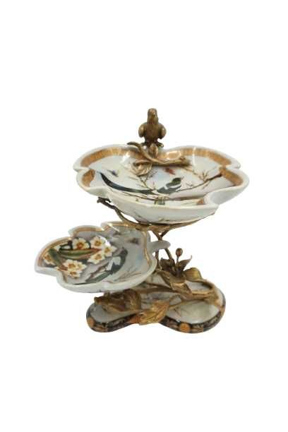 PIĘTROWA paterka porcelana z brązem-ptaszek