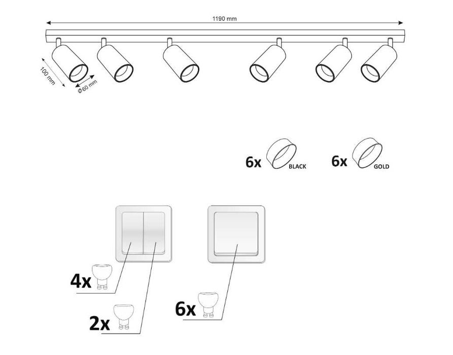 Listwa reflektorowa Maribel czarna 6 x GU10 Goldlux / 2szt.