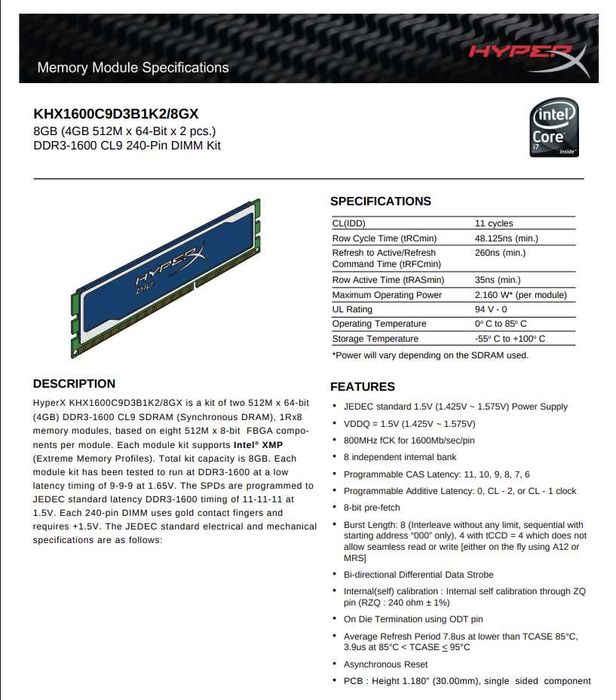 DDR3 1600MHz 8GB, 2x4GB Kingston HyperX Blue KHX1600C9D3B1K2/8GX