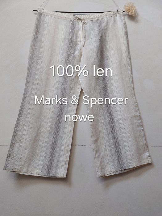 Nowe lniane spodnie szerokie marks & spencer 100% len 4xl 48 50 luksusowe na lato