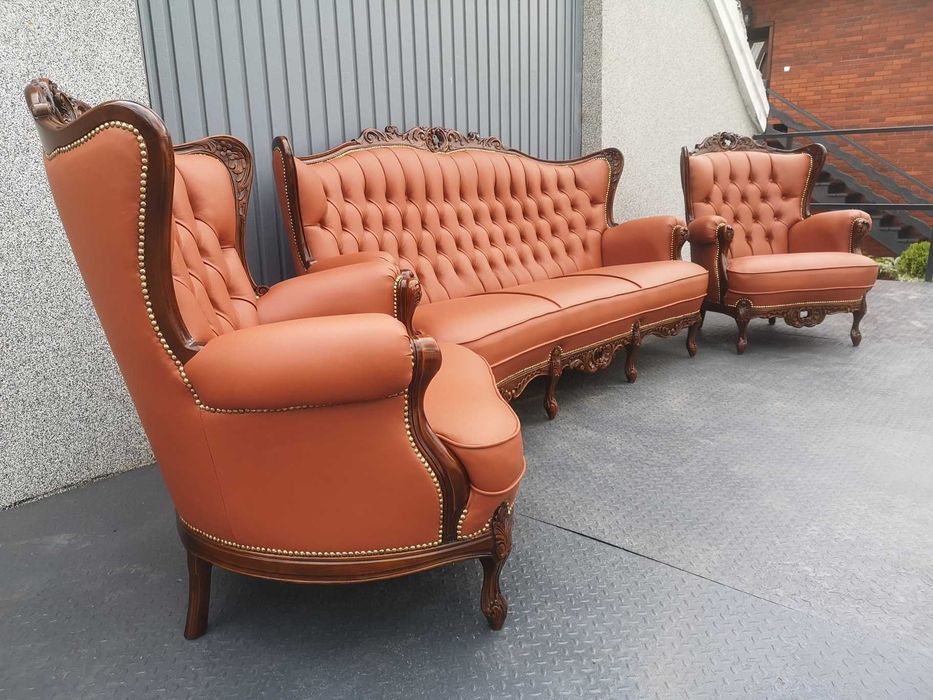 Cudowny komplet po renowacji! Koniakowa skóra! Sofa i dwa fotele!