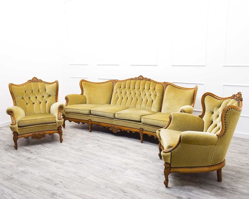 Francuski KOMPLET mebli do SALONU ZESTAW Ludwik KANAPA 2 FOTELE buk 80