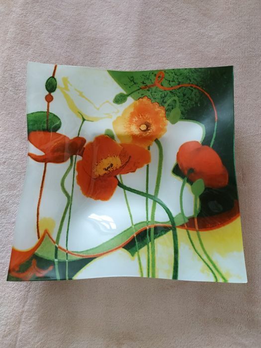 Салатнички скляні та скляне велике блюдо "Маки"