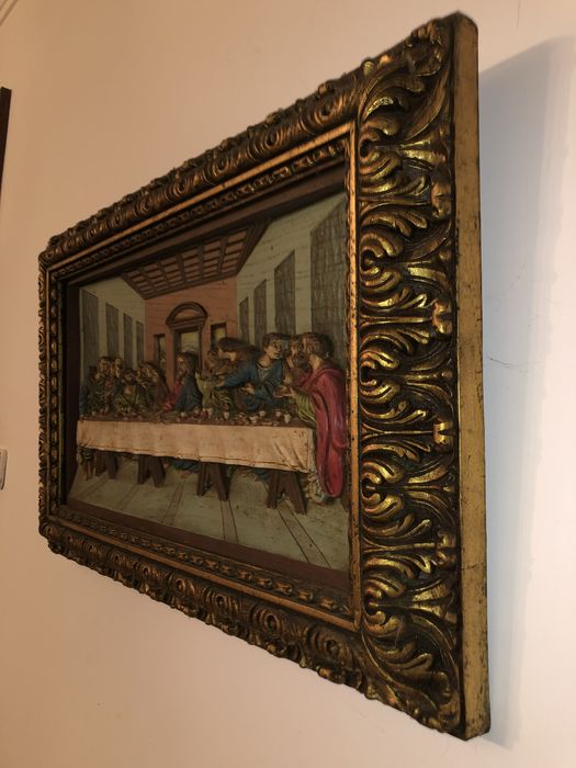 Quadro ultima seia em baixo relevo e talha dourada