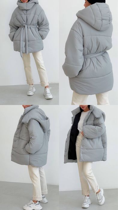 Теплый зимний серый пуховик оверсайз