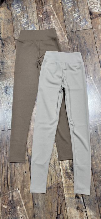 2 pary legginsy prążek beżowe brązowe ptaszki premium S