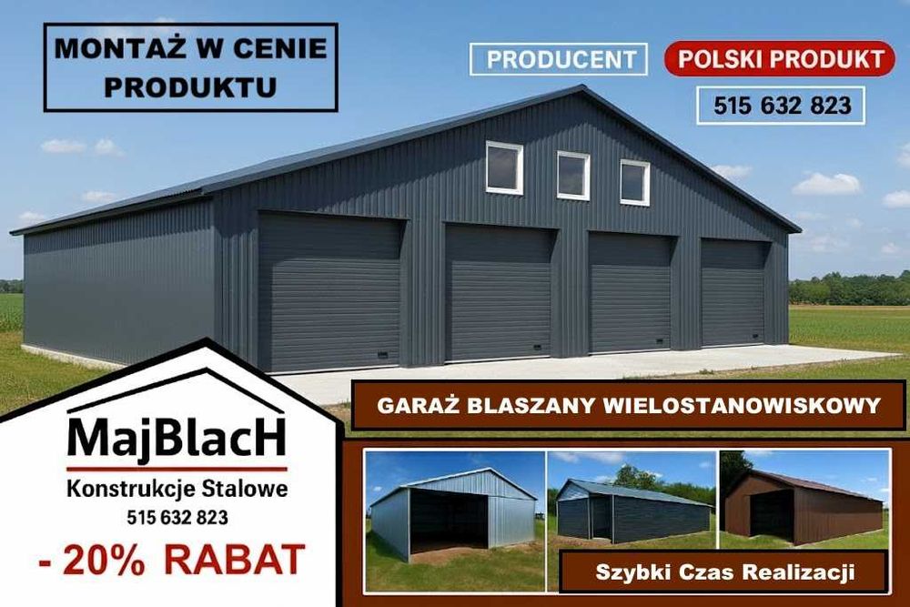 Garaż Blaszany Grafitowy z 3 x Bramami Wjazdowymi  – Maj-Blach
