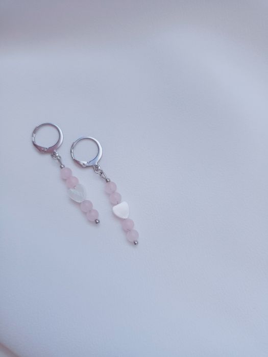 Kolczyki kwarc różowy serduszko masa perłowa bigle srebrne stal