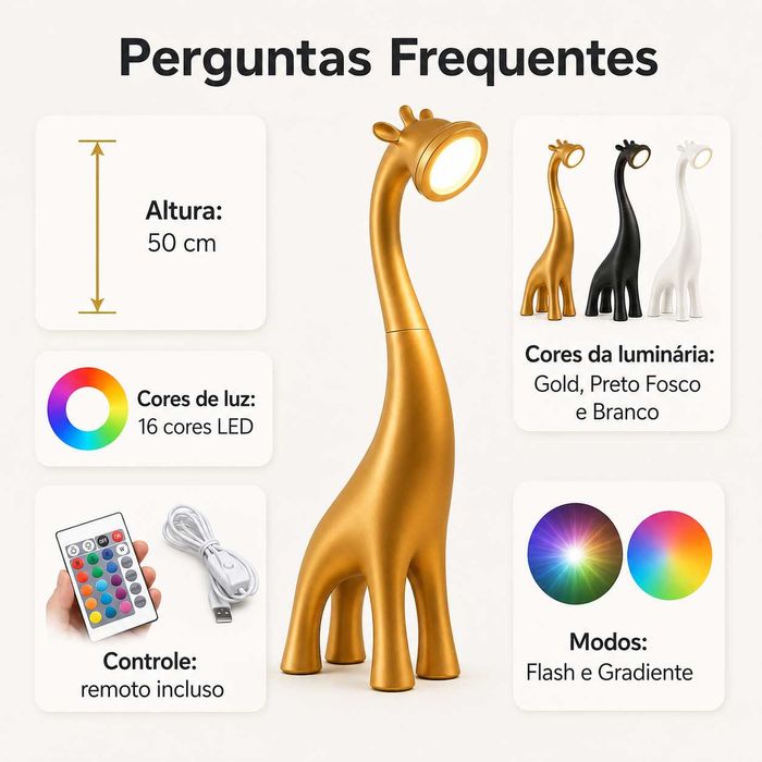 Candeeiro Girafa LED 50cm com Comando – 16 Cores | Gold, Preto ou Branco