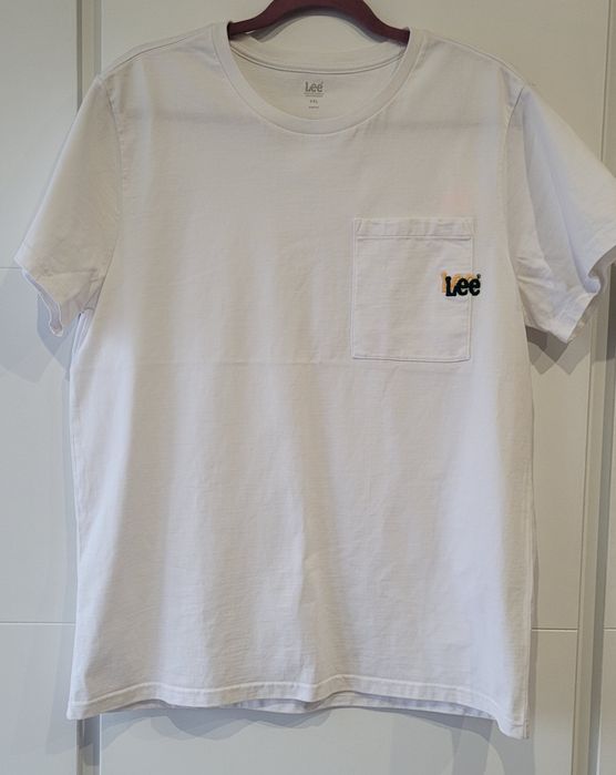 T-shirt męski bawełniany slim fit biały z logo i kieszonką Lee XXL