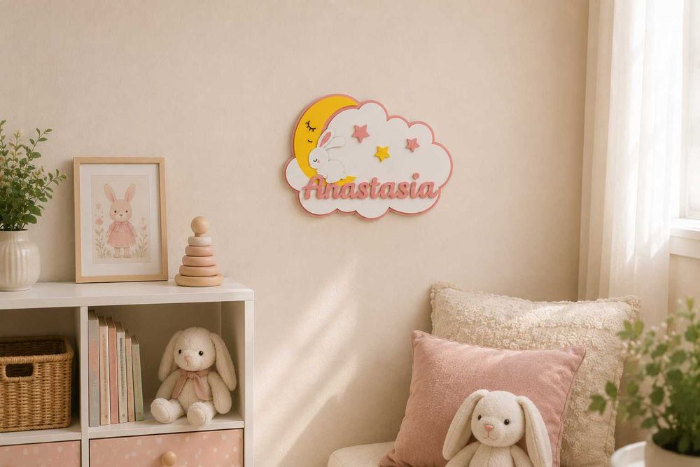Placa Personalizada com Nome para Quarto de Bebé – Coelho e Lua 3D