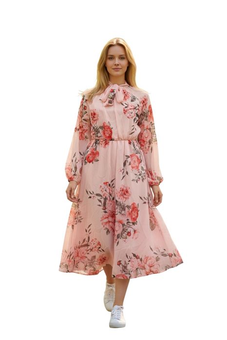 Sukienka szyfonowa midi w kwiaty elegancka na wesele komunię Uni róż