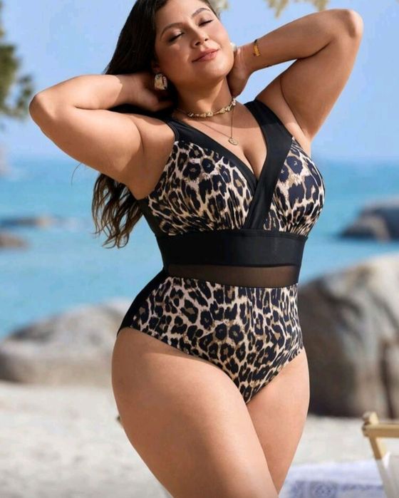 Купальник сдельный большого размера леопард с сеточкой на талии XXXL