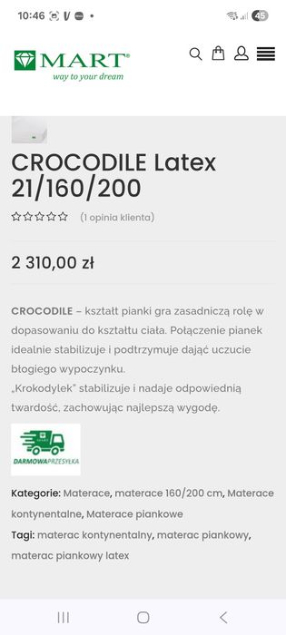 Materac solidny i wygodny kontynentalny marki MART 140X200 Krokodylek,