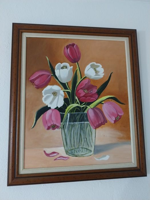 Quadro pintado à mão. Tema : túlipas em vaso