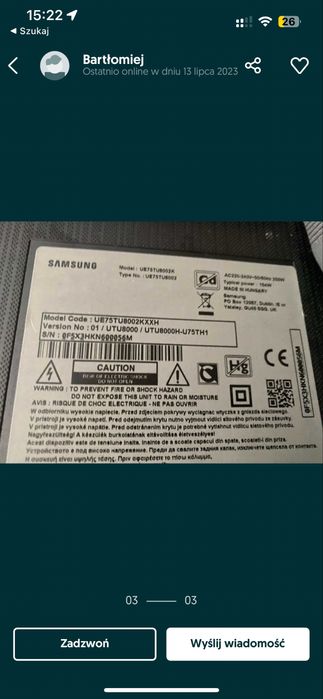 Tv samsung UE75TU8002KXXH uszkodzony