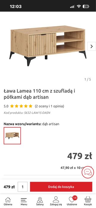 Ława, stolik kawowy dąb aristan