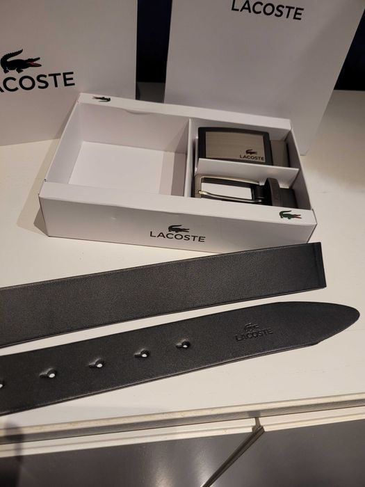 Czarny męski skórzany pasek Lacoste z dwiema klamrami