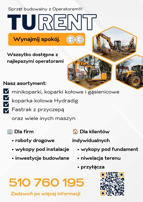 TU-RENT | Wynajmij Spokój | Sprzęt budowlany z operatorem Koparkami 2T–21T, Ładowarki, FASTRAC, itp.| Roboty ziemne | Prace budowlane i drogowe |