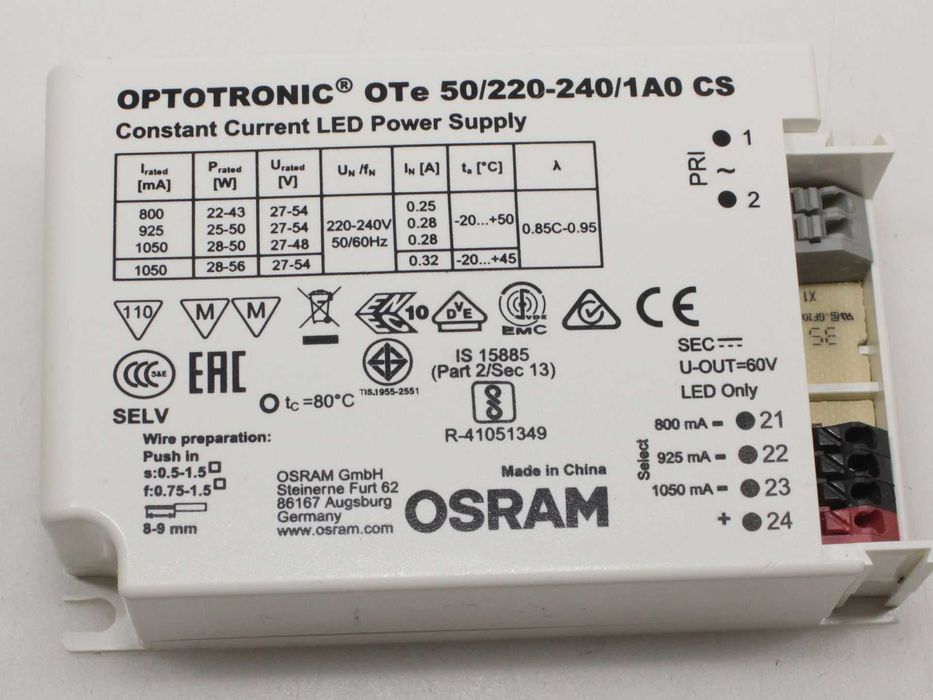 Zasilacz LED stały prąd 800mA 925mA 1050mA OSRAM OTe 50/220-240/1A0