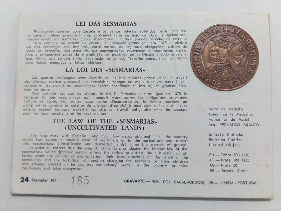 Filo-Medalhística - Lei das Sesmarias