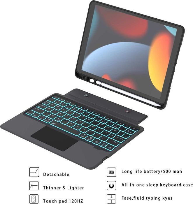 ROOFEI etui klawiatura touchpad LED RGB iPad 9/8/7 10.2 Air 3 Pro 10.5