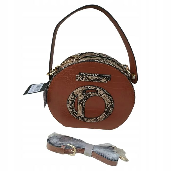 torebka damska nobo okrągła kuferek listonoszka camelowa