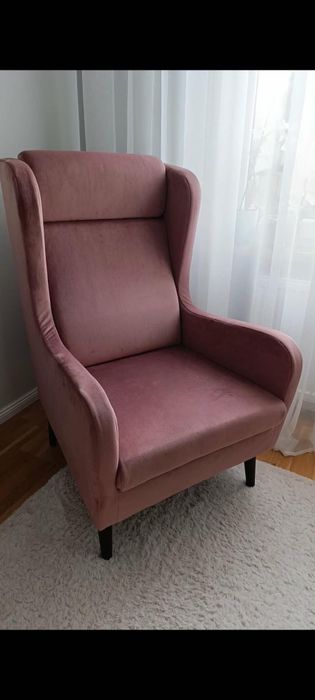 Fotel uszak welurowy, brudny róż, styl Boho/Glamour/Skandynawski