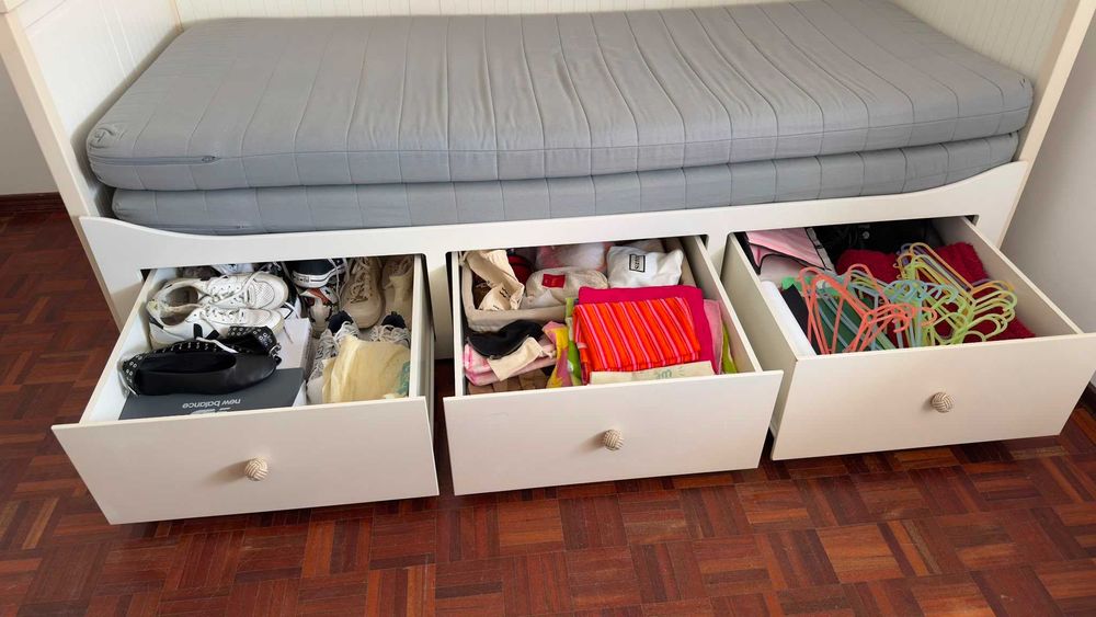 Cama HEMNES indiv/dupla c/3 gav/2 colchões, branco/Ågotnes firme, 80x200 cm