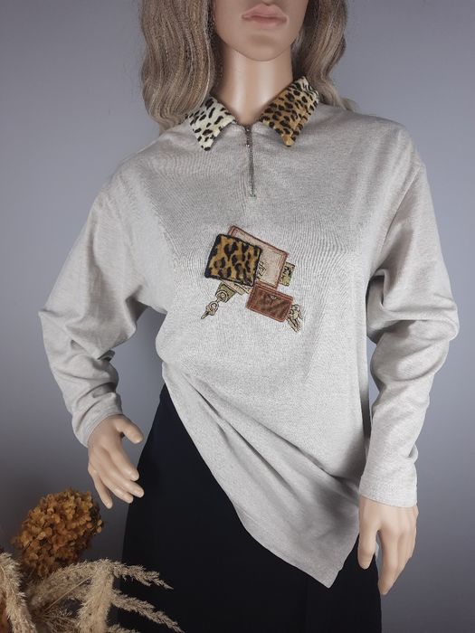 Bawełniana bluza z kołnierzykiem ciepła w panterkę cętki sweter