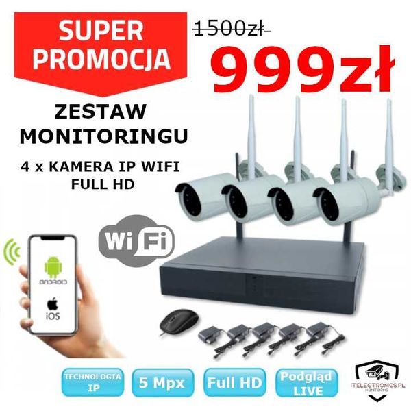 Zestaw 4 8 kamer WiFi  Bezprzewodowy monitoring kamera pogląd tel FV