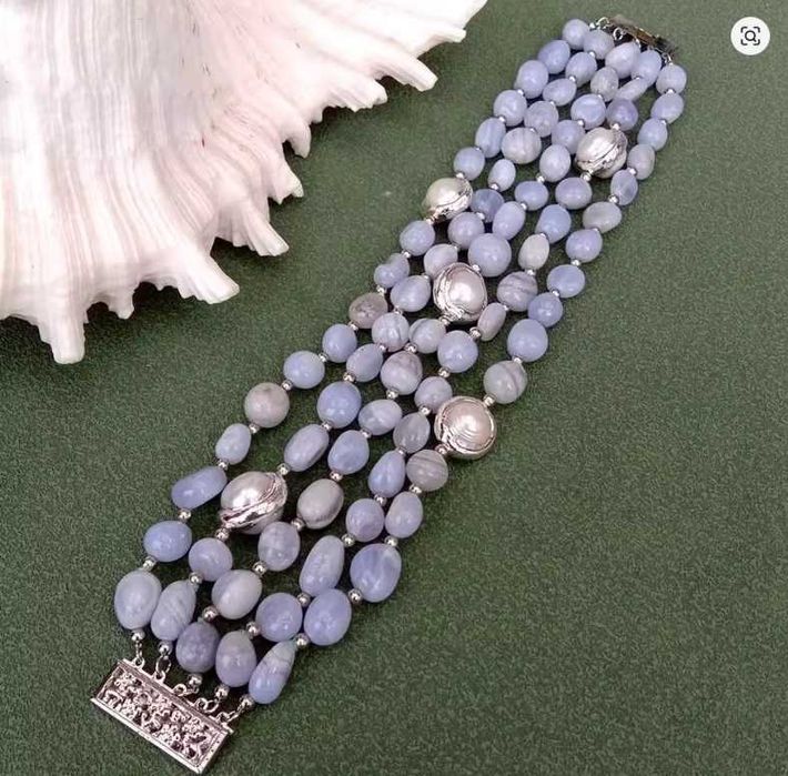 Piękna Bransoletka z Naturalnego niebieskiego agatu koronkowego