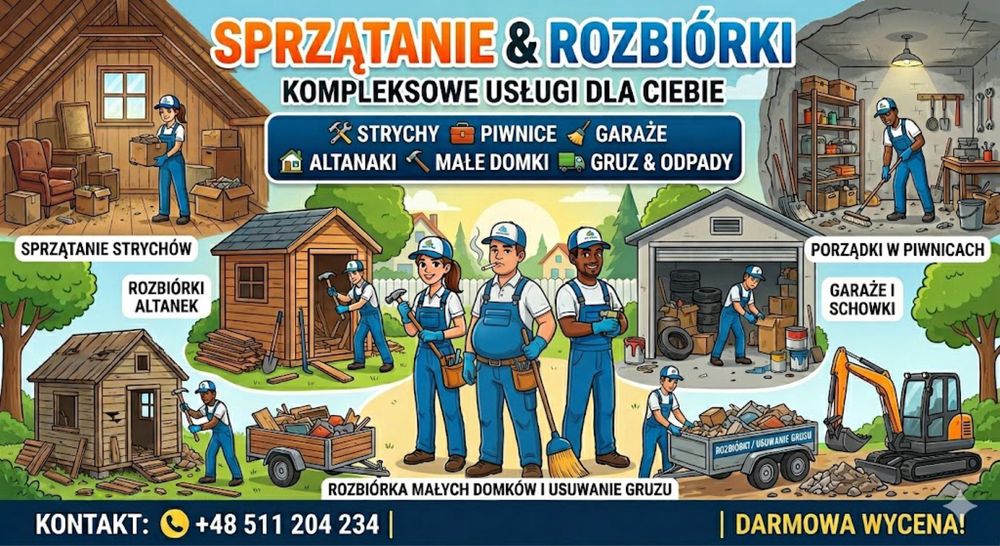 Prace porządkowe, opróżnianie działek, piwnic, strychów, usługi koparką