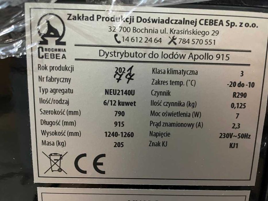 NOWY Dystrybutor do lodów Cebea Apollo 915 mm - 6 smaków