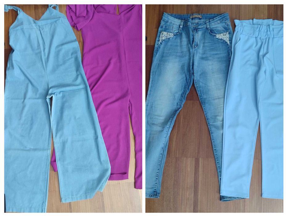 Roupa de senhora diversa, calças, macacões, t-shirts, casacos, fatos de banho