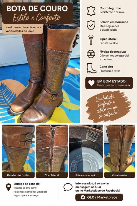 Bota feminina de couro legítimo cano alto castanha – nº 37