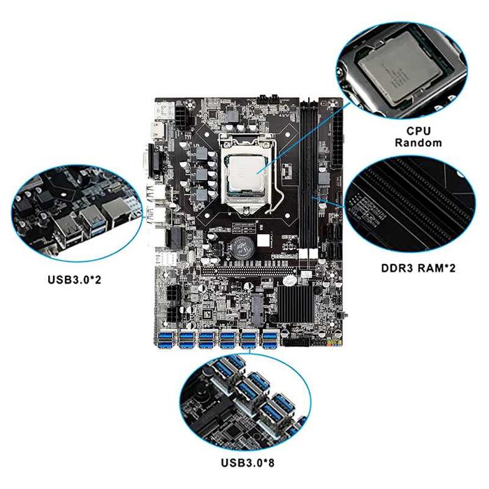 B75 12 USB3 BTC Mining Motherboard CPU+Fan+4G DDR3 RAM+120G MSATA SSD