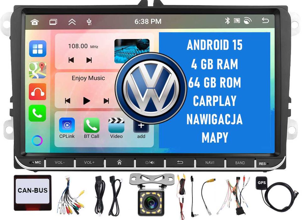 Radio Samochodowe Nawigacja Android 15 Apple Car DEDYKOWANE 4GB + 64 GB DLA VOLKSWAGEN + Kamera Cofania